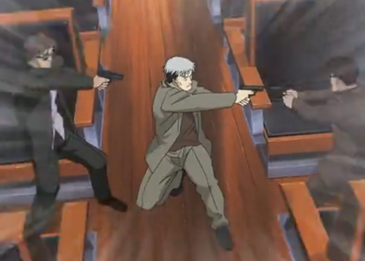 Template meme Man pointing gun at other man which is pointing gun at man's hea