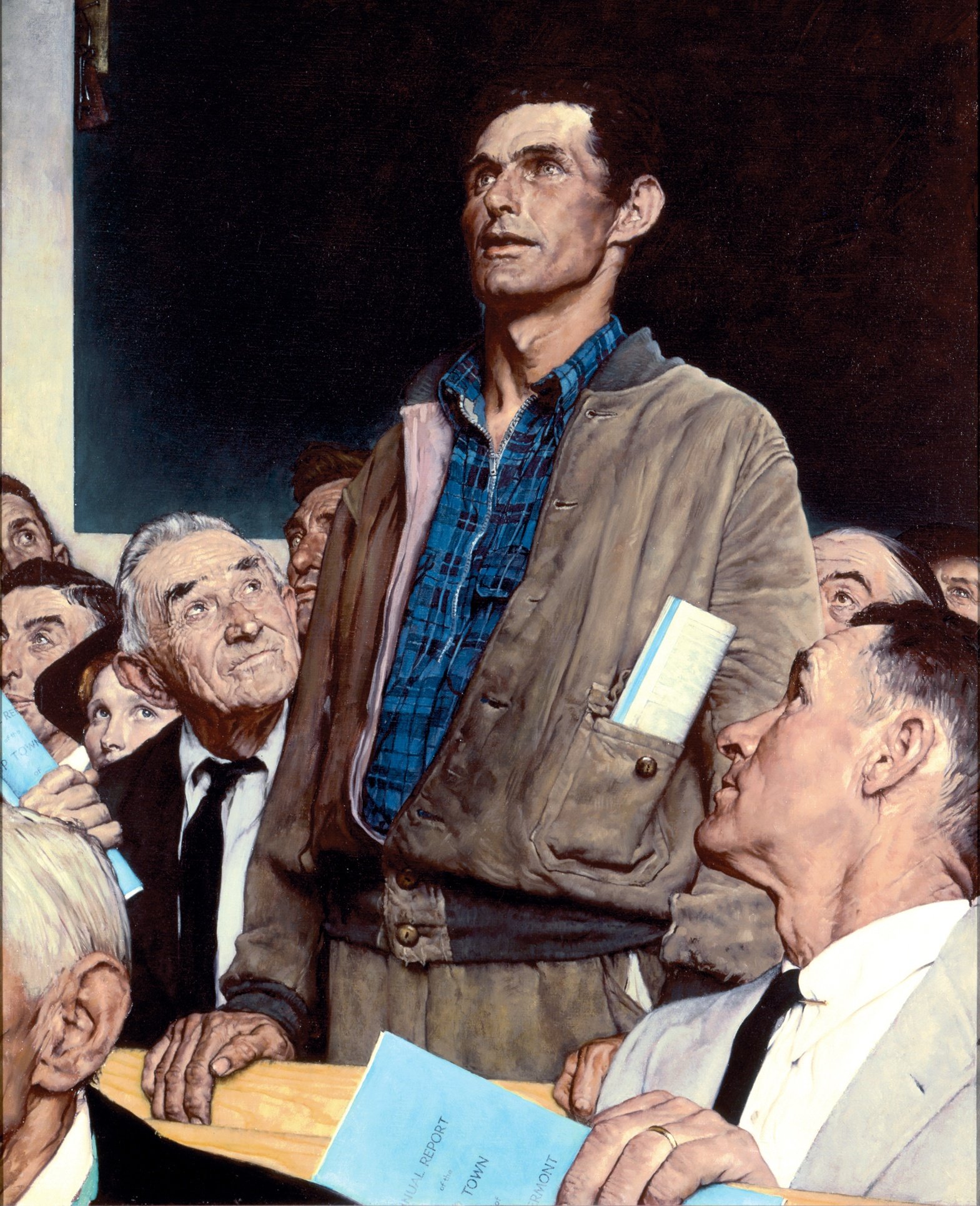 Template meme man taking a stand in a town hall meeting