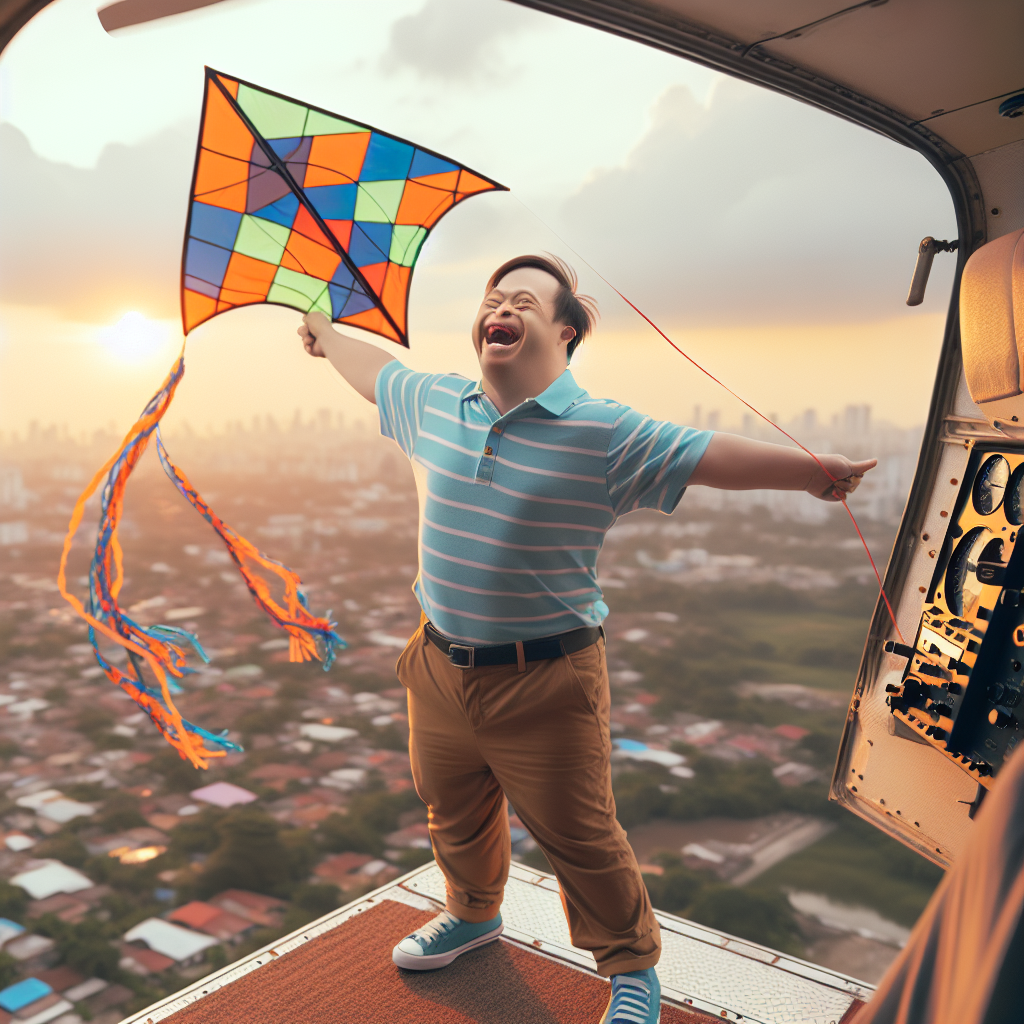 man with down syndrome flying a kite on a helicopter meme template