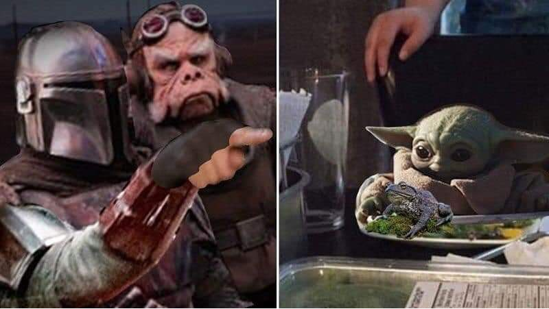 Template meme Mandalorian Yelling at Baby Yoda