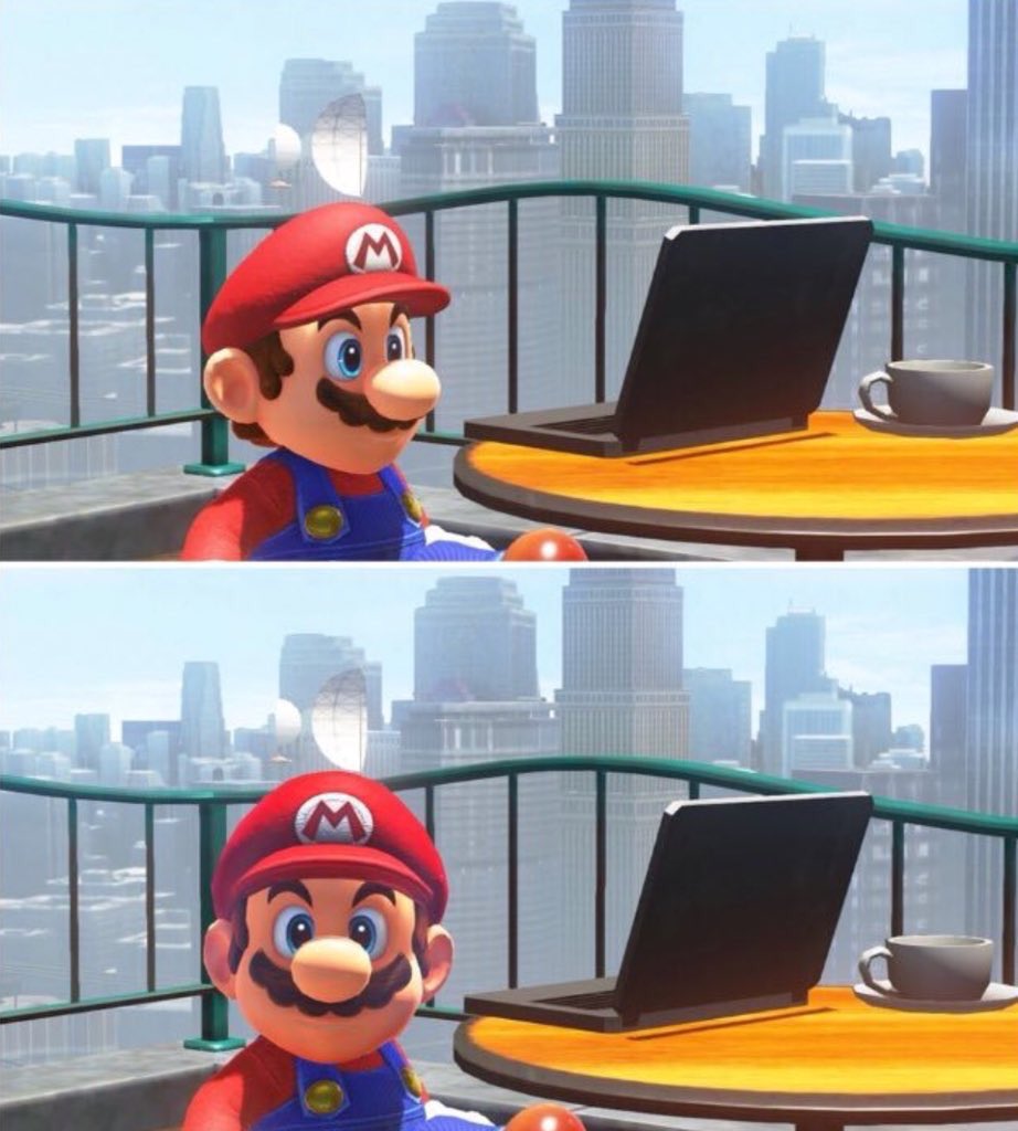 Plantilla de meme Mario looks at computer