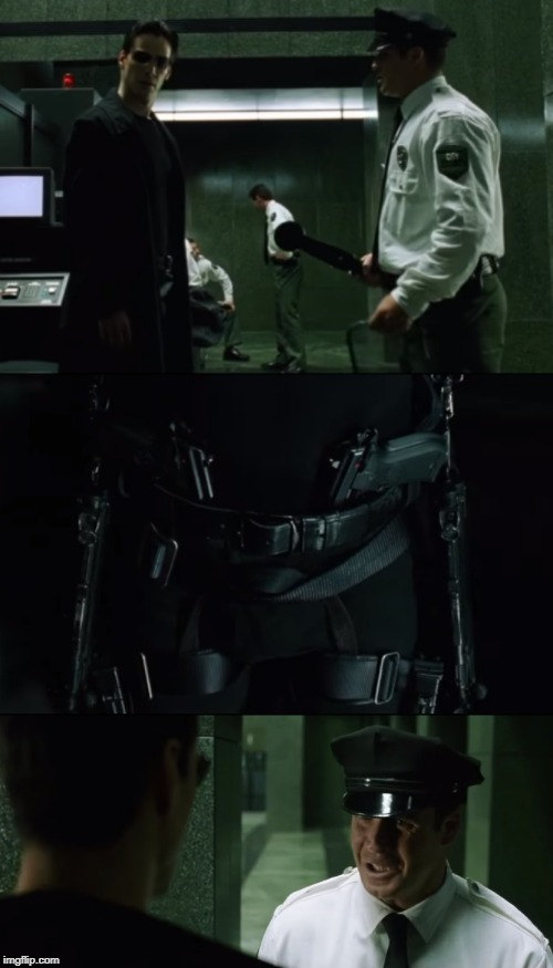 Plantilla de meme Matrix Neo Guns Oh Shit
