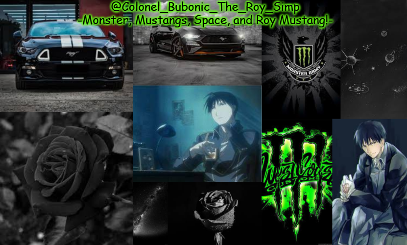 Plantilla de meme Monster, Mustangs, Space, and Roy Mustang oh my!