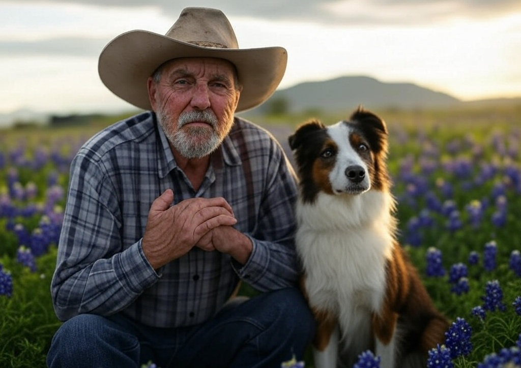 Template meme Old elderly cowboy praying field bluebonnets dog border collie