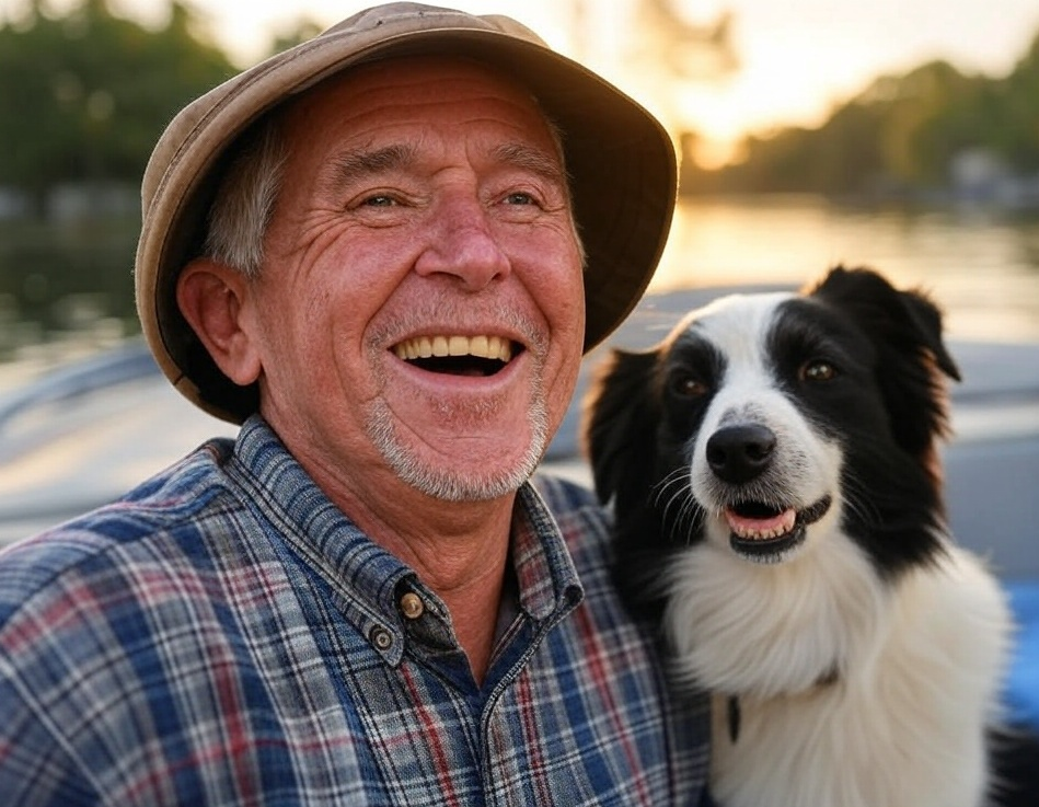 Template meme Old elderly man laughing fishing boat border collie dog