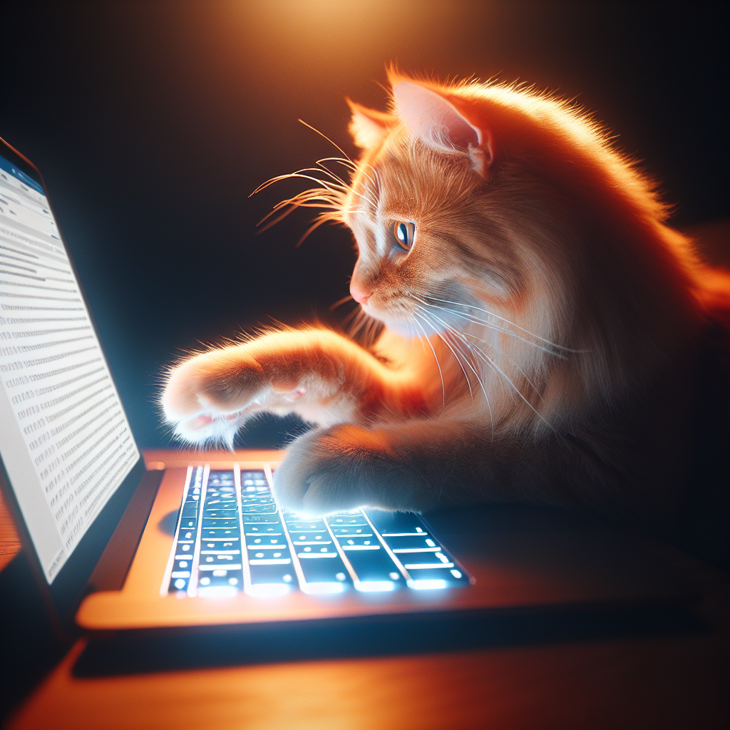 Template meme orange cat typing on a laptop keyboard and reading her email