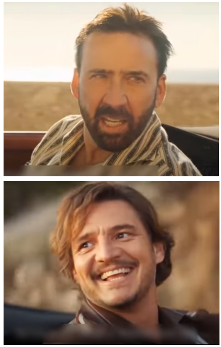 Template meme Pedro Pascal and Nic. Cage car scene