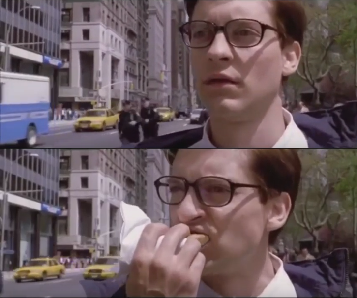 Plantilla de meme Peter parker eating a hot dog