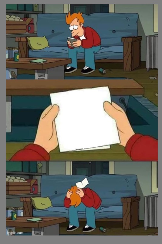 Template meme PHILIP J FRY BAD NEWS COUCH 3-PANEL