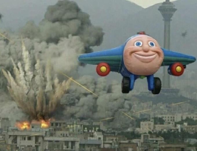 Plantilla de meme Plane flying from explosions