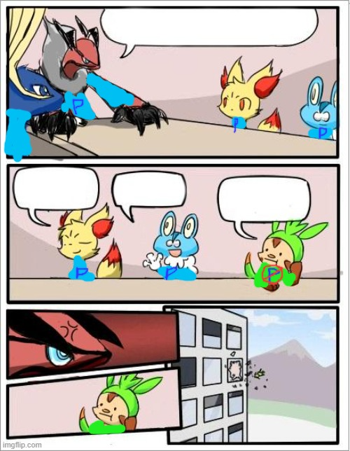 Template meme Pokemon boardroom meeting but team popplio