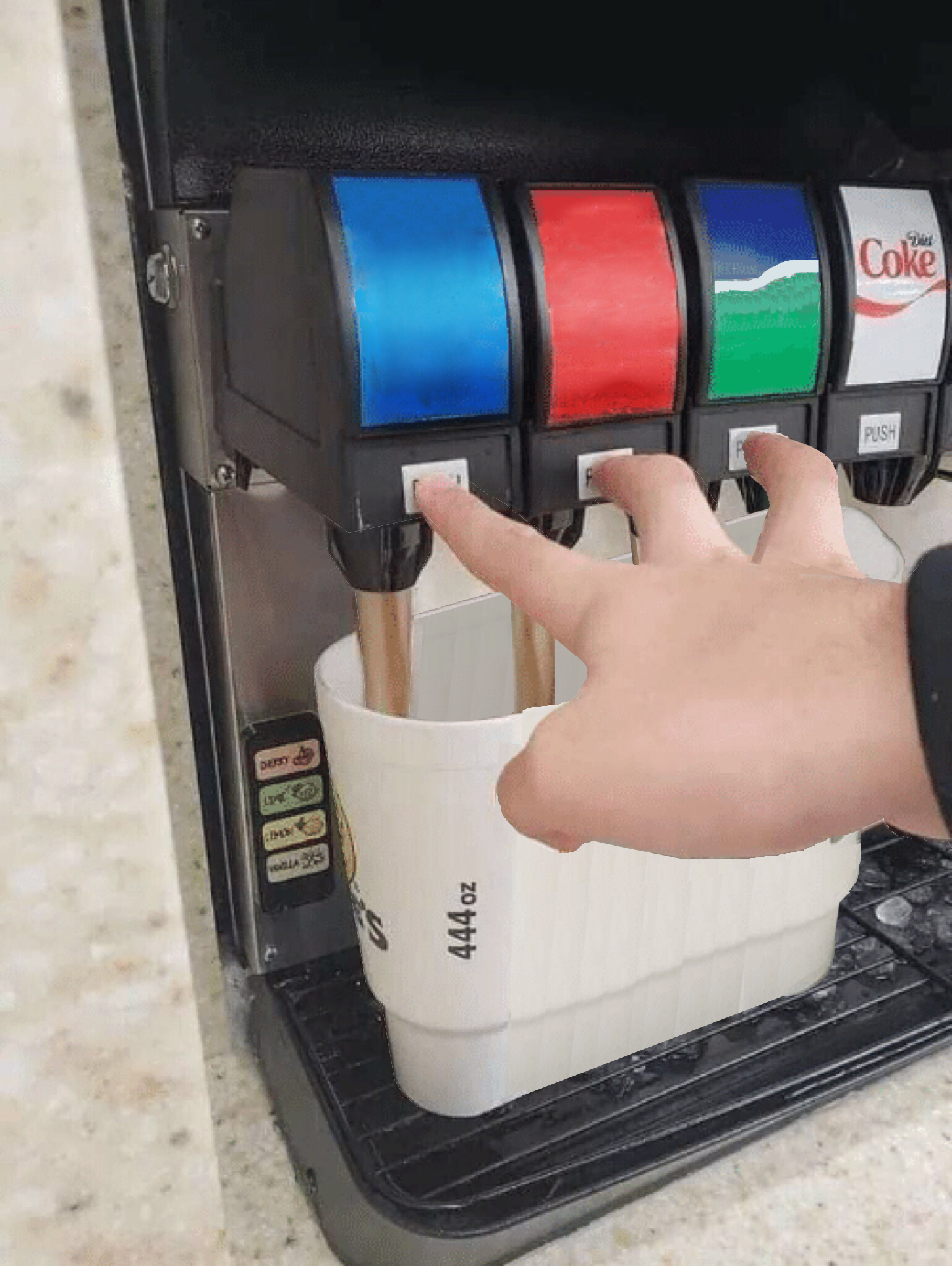 Plantilla de meme Pushing three soda buttons