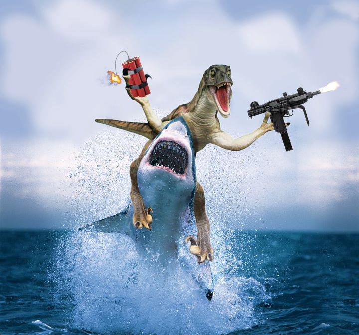 Plantilla de meme Raptor Riding Shark