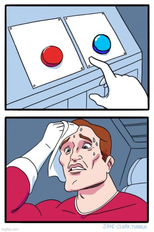 Red and blue button meme template