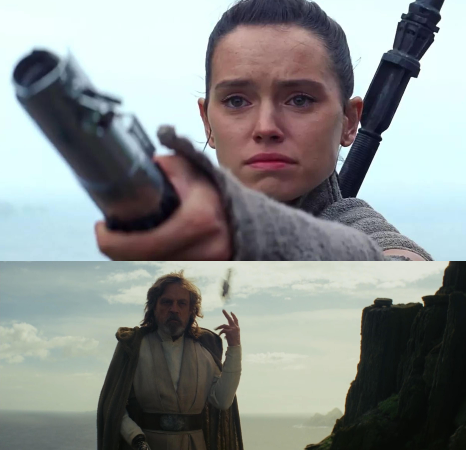 Rey handing Luke his lightsaber meme template