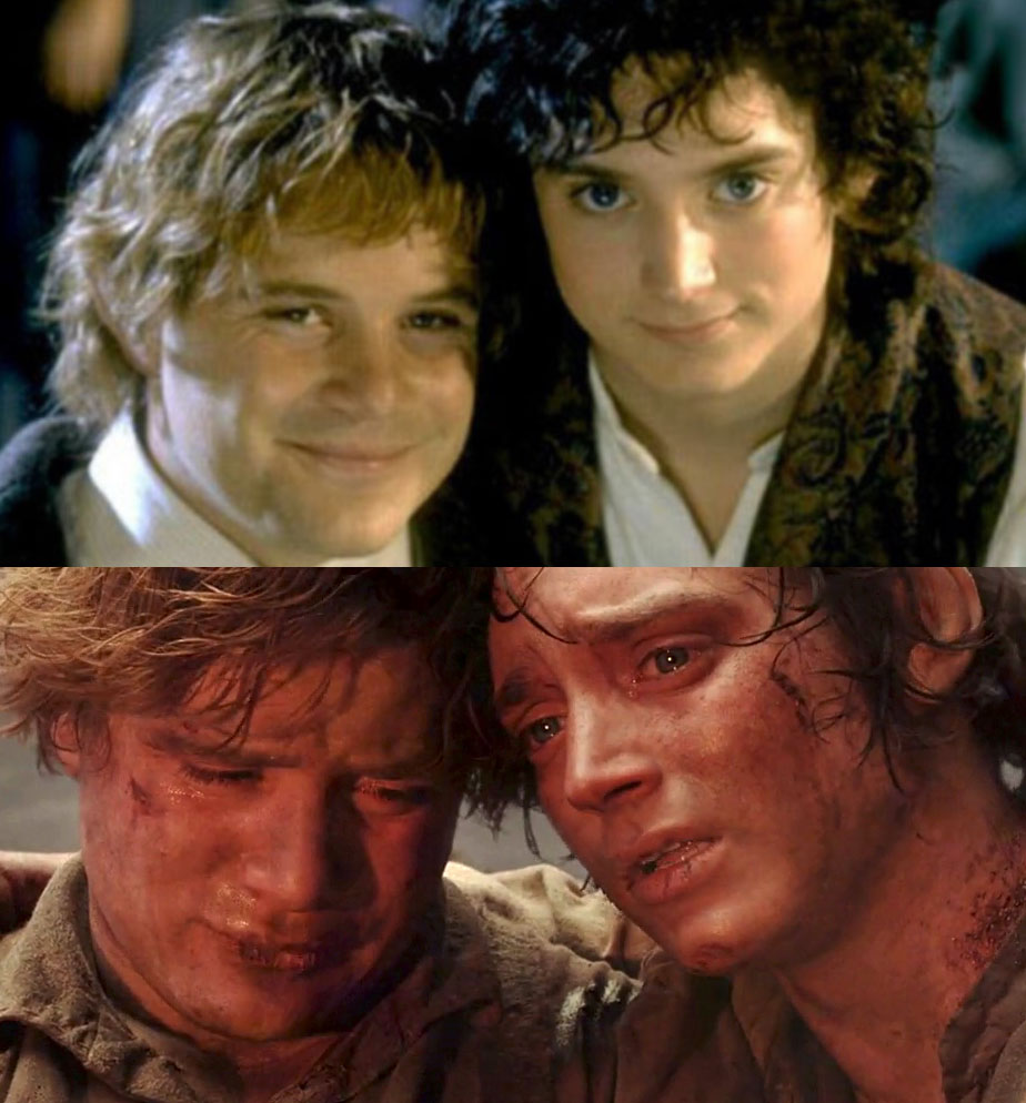 Plantilla de meme Sam and Frodo Before and After Mt Doom