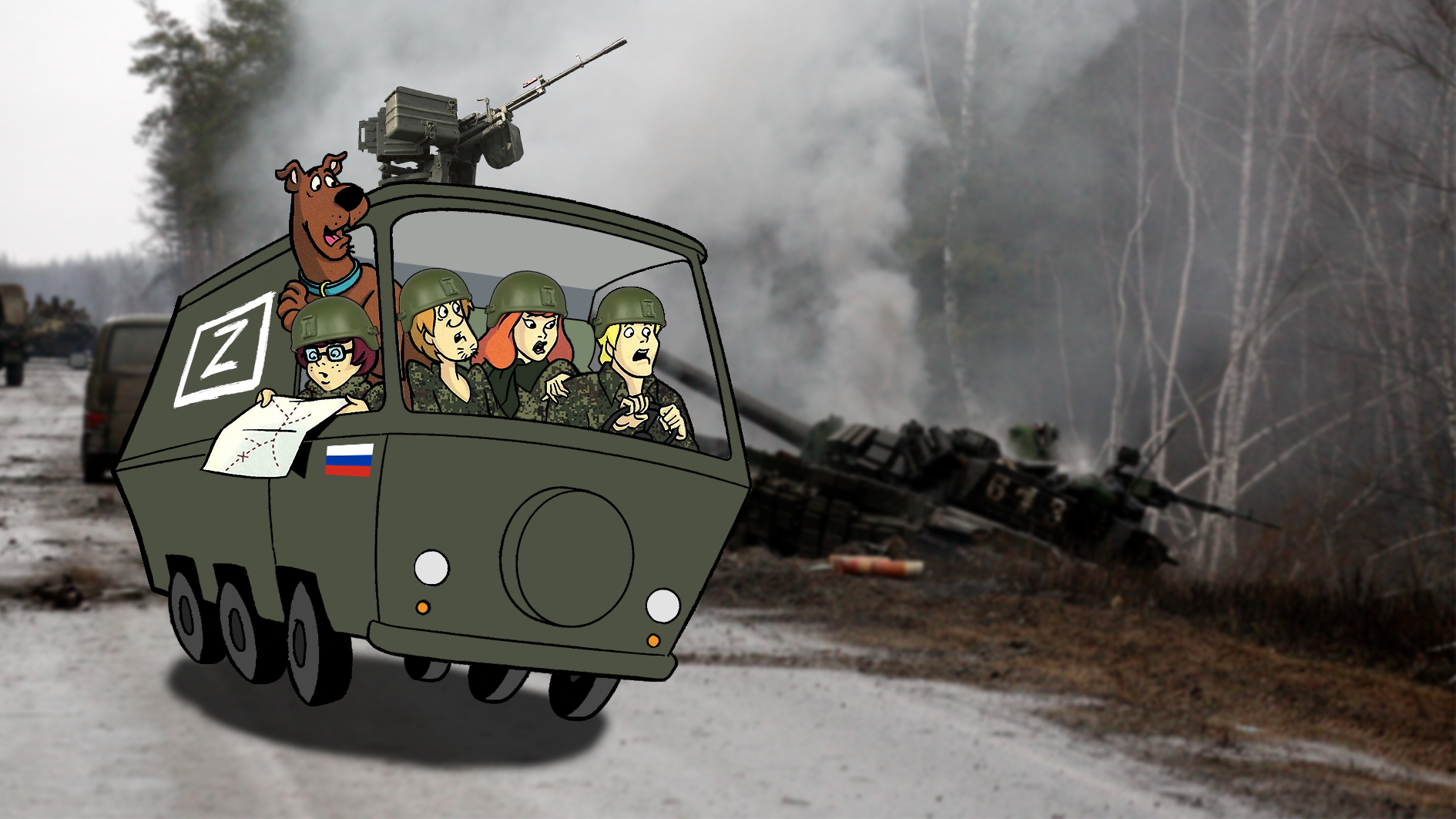 Template meme Scooby-Doo Mystery Machine Russian Military Exercise in Ukraine
