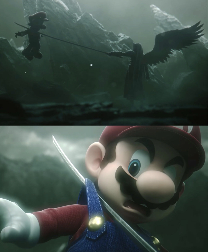 Template meme Sephiroth Impaling Mario in Smash