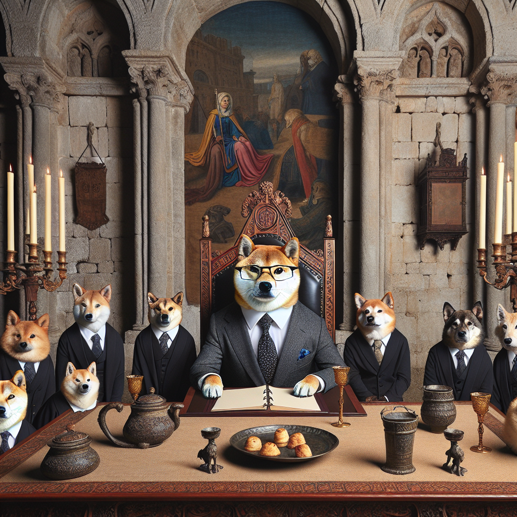 Plantilla de meme shiba inu doge board of director in a castle setting