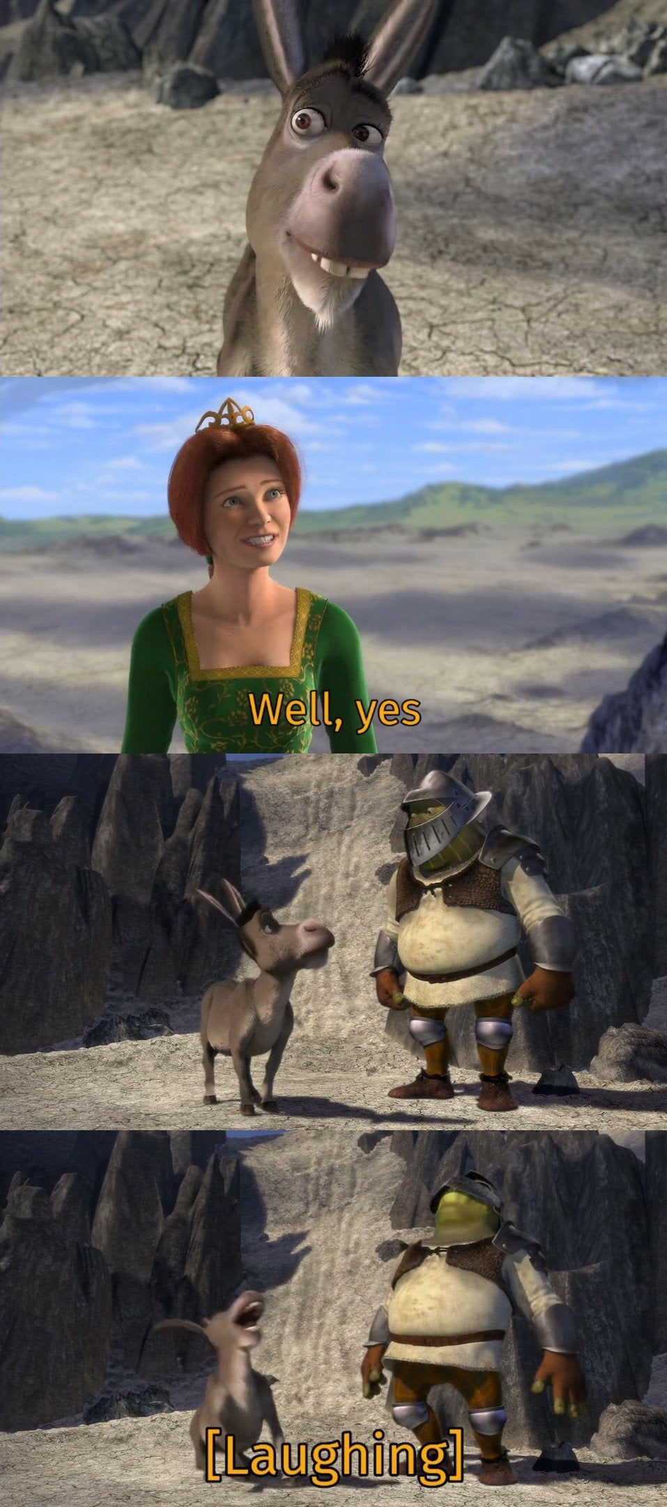 Template meme Shrek and Donkey laughing at Fiona