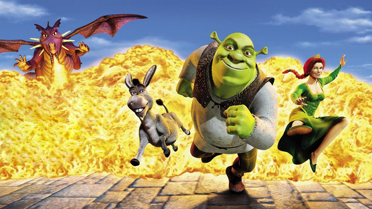 Plantilla de meme Shrek Donkey Fiona running from Dragon