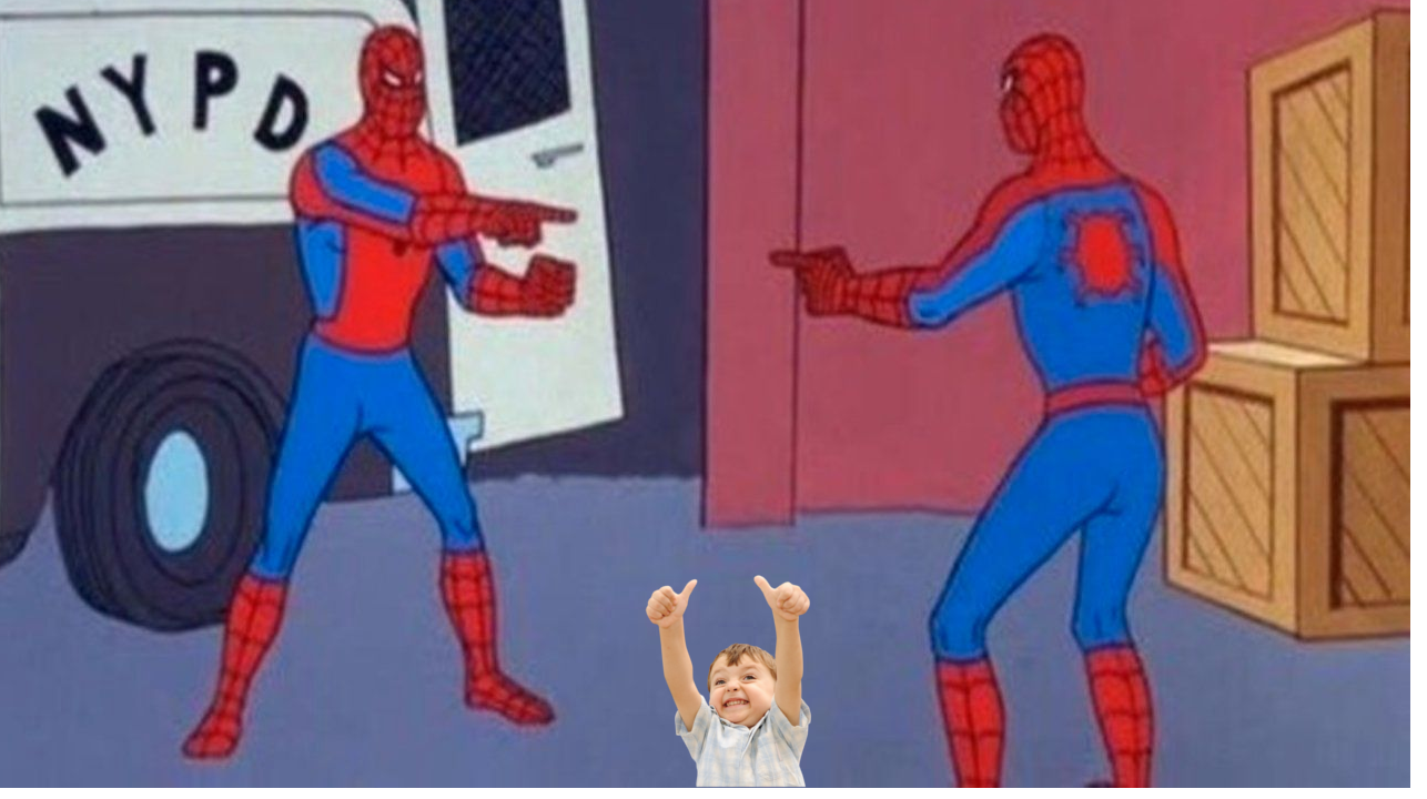 Plantilla de meme Spidermans pointing and an exited kid