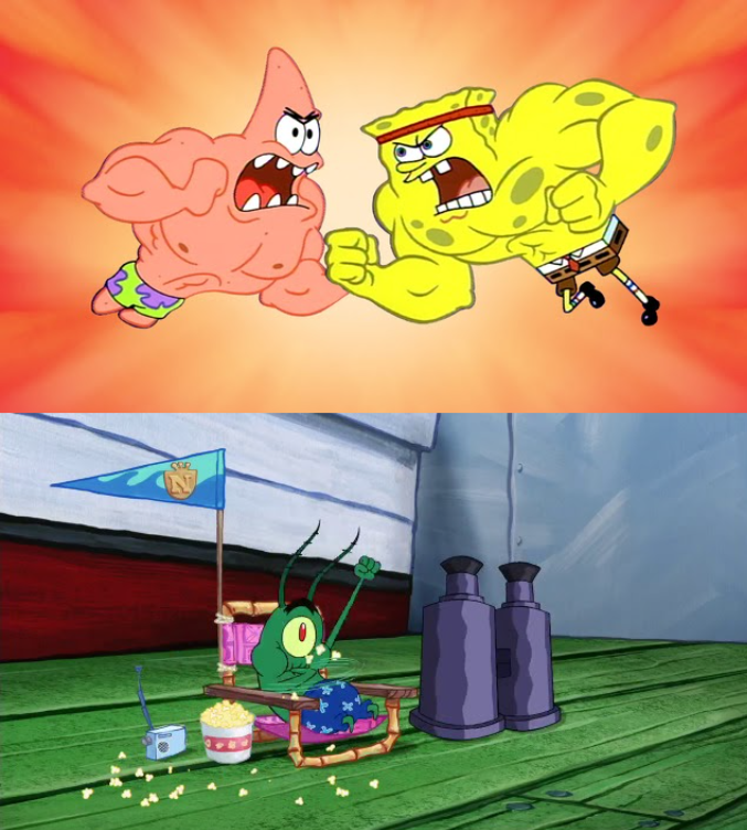Template meme SpongeBob and Patrick fighting with Plankton cheering them