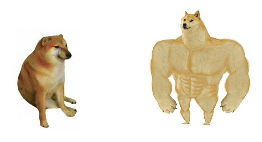 Plantilla de meme Swole Doge vs. Cheems flipped