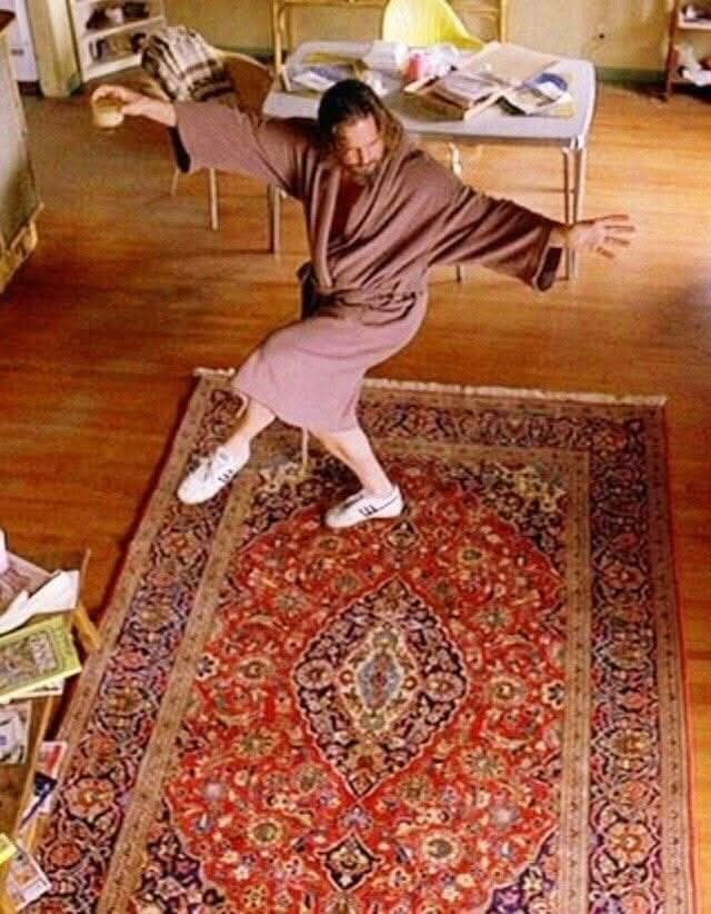 Template meme The Big Lebowski - The Dude doing Tai Chi on his rug