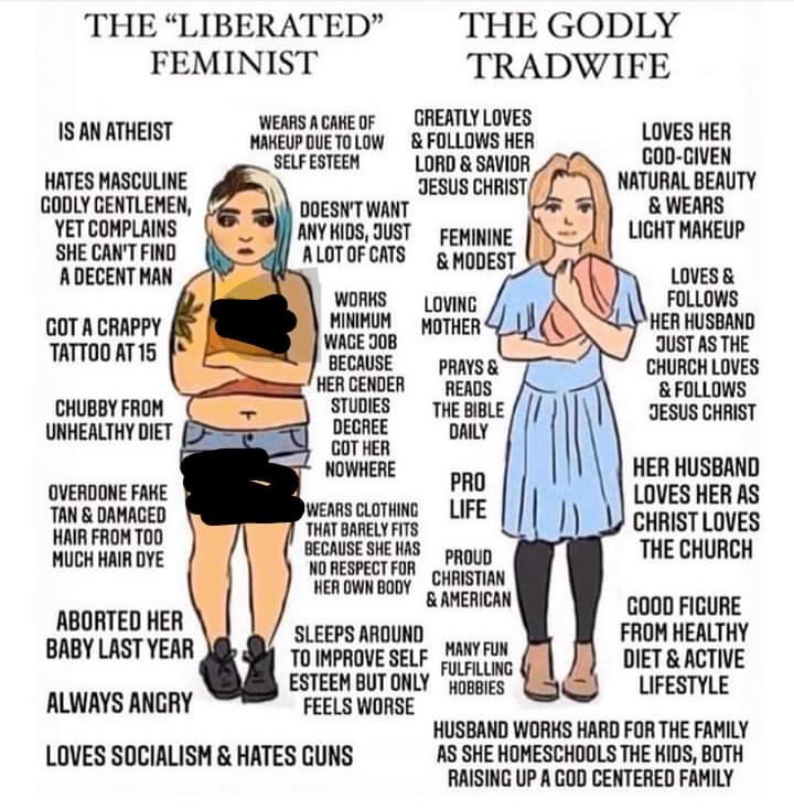 Template meme The liberated feminist vs. the Godly tradwife