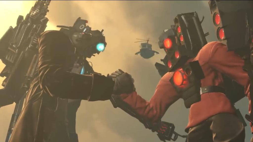 Template meme titan speakerman and titan cameraman epic handshake