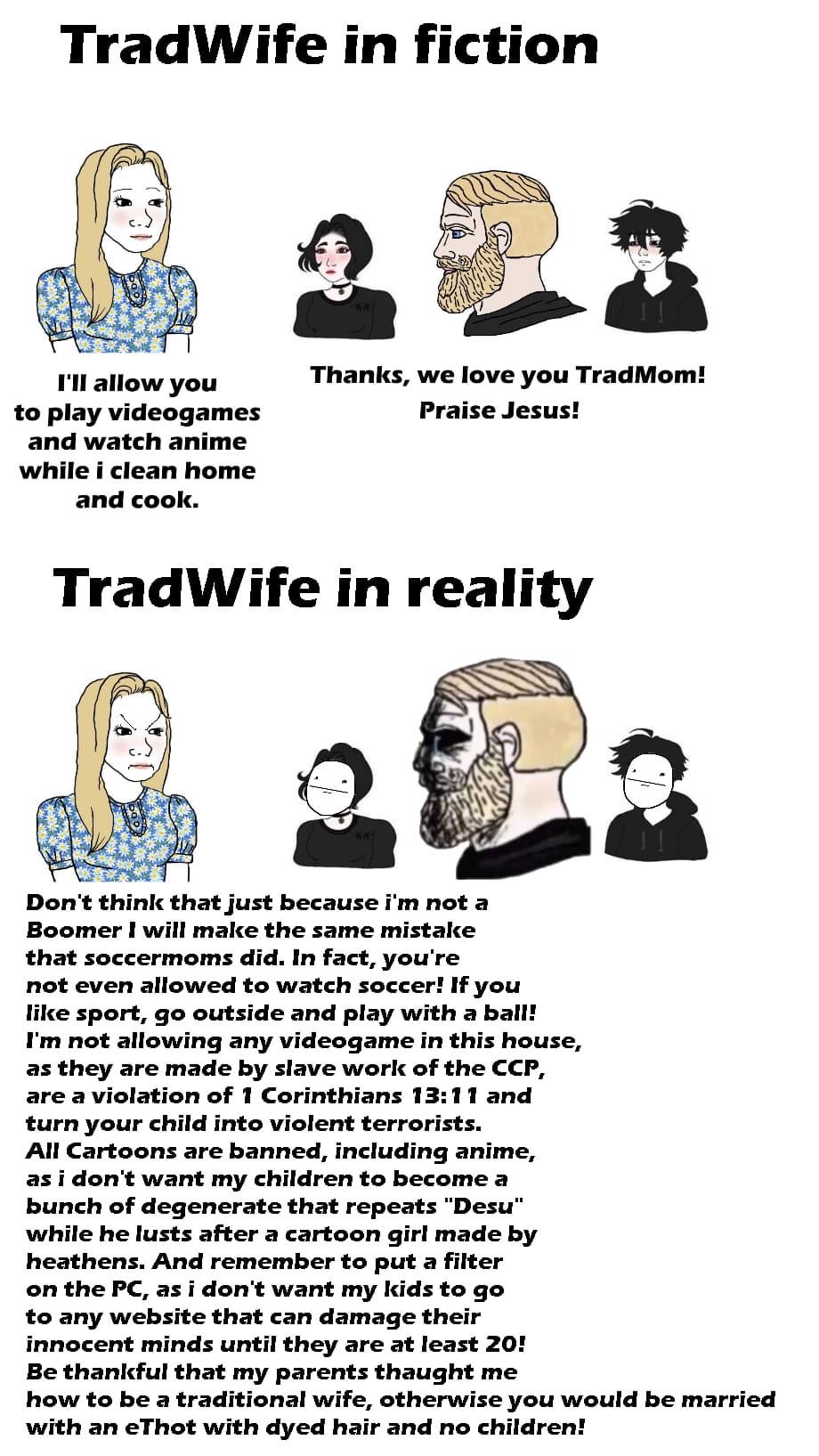 Plantilla de meme Tradwife fiction vs. reality