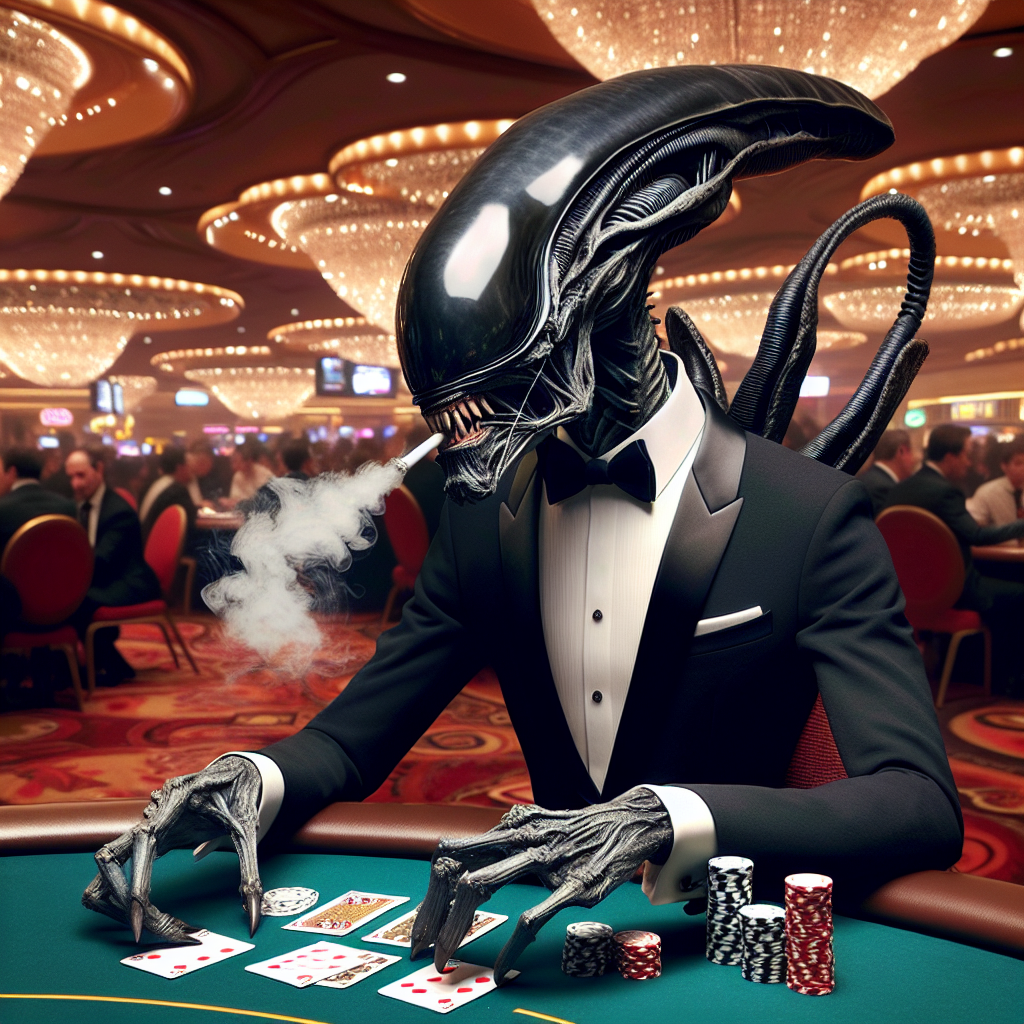 Plantilla de meme Xenomorph in tuxedo playing poker in casino smoking cigarette