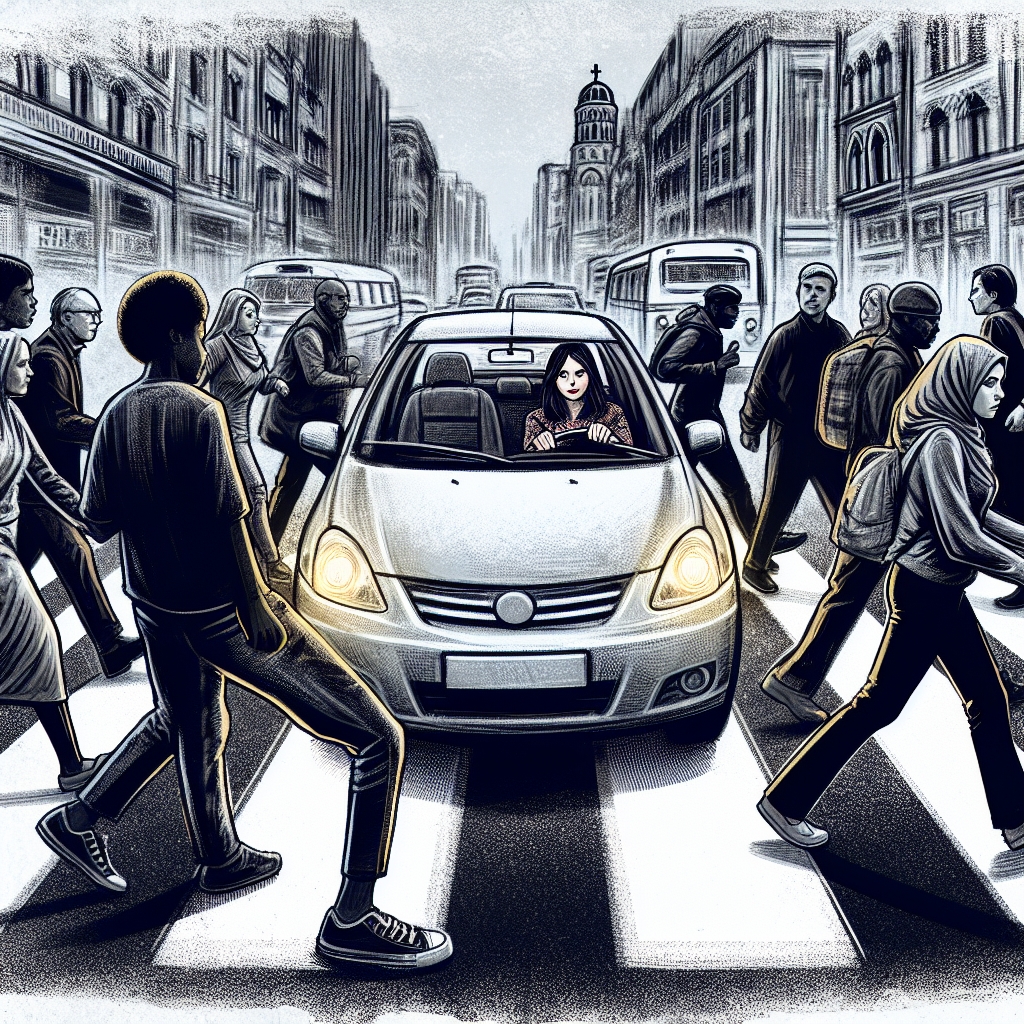 young female driver with car in middle of crosswalk meme template